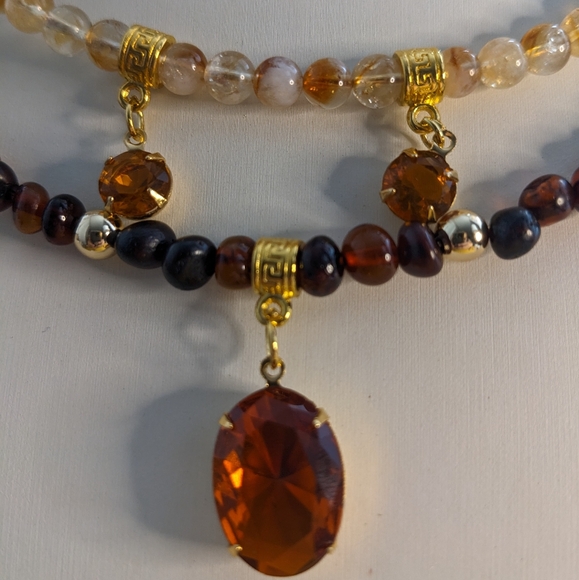 11 Carats Natural Whiskey Citrine & Baltic Amber Two Strand Choker Necklace - Picture 2 of 9